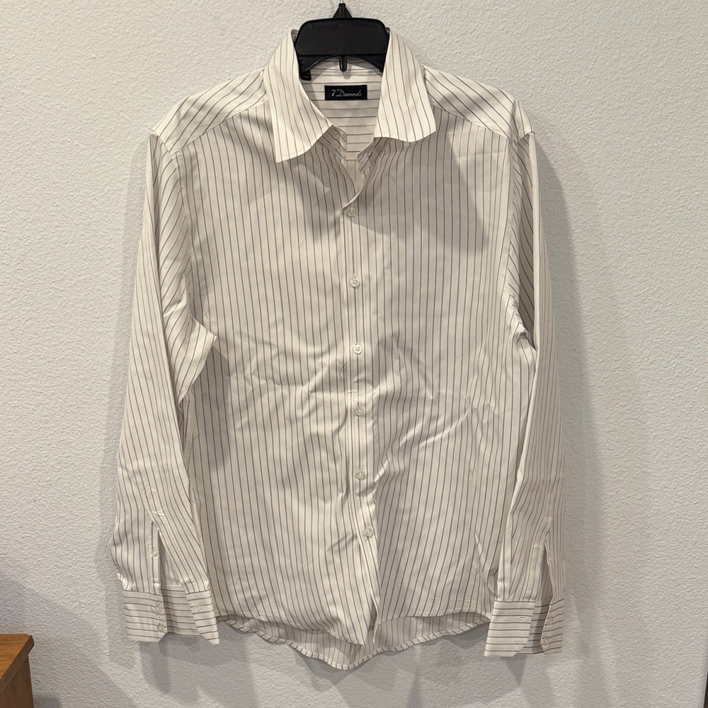 7 Diamonds Men’s dark blue and Gray Striped Dress Shirt